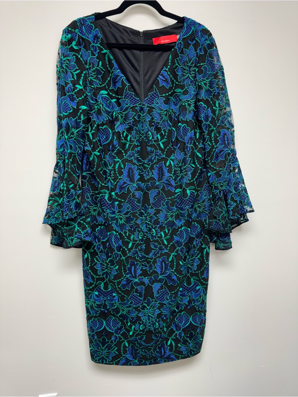 Carmen Marc Valvo Black Midi Dress with Blue & Green Floral Lace